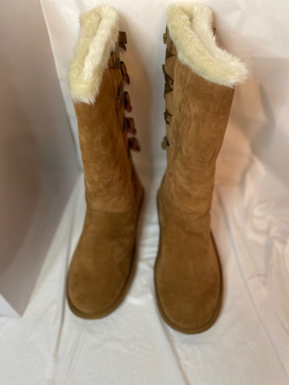 Sugar Women's Tall Faux Suede Winter Boots Chestnut Ribbon Bow Back Size 7M NIB